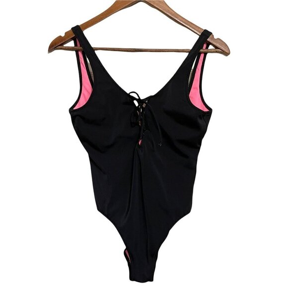 PINK Victorias Secret Womens Black Lace Up One Piece Swimsuit Bathing Suit Small - Picture 1 of 6